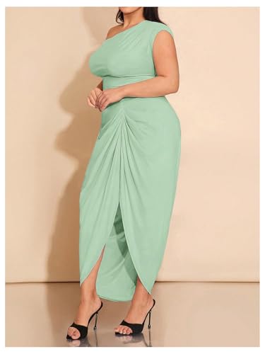 Image of Floerns Women's Plus Size Asymmetrical Neck Long Dress Ruched Slit Hem Cocktail Dress