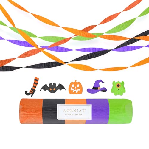 Image of AOBKIAT Halloween Streamers Party Decorations,in Orange Purple Black Green | 5 Rolls Crepe Paper Streamers for Halloween Thanksgiving Party Backdrop,DIY Tassel,Craft,1.8 inch X 82 ft /Roll