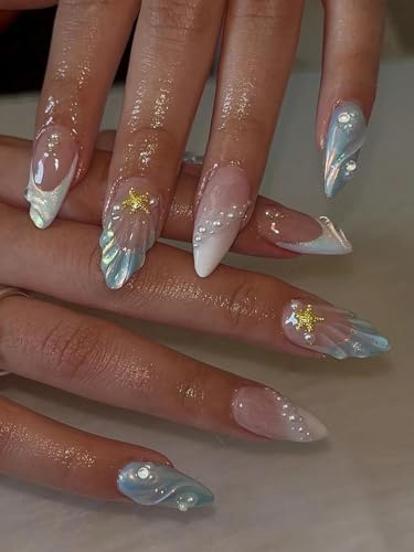 Summer Beach Pearl Sea Shell Press On Nails, Soft Gel