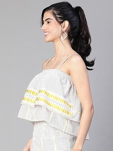 Image of oxolloxo Women Embroiderd Shoulder Strap Elasticated Cotton Top