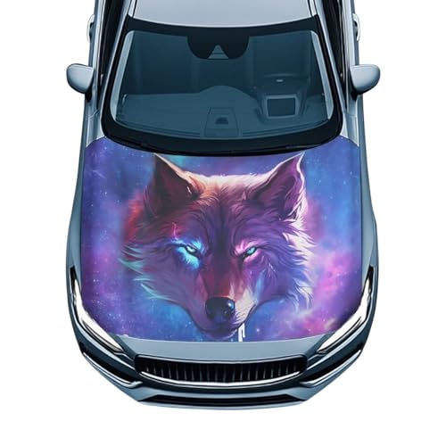 Image of Blue Wolf Car Hood Cover Slip-On Washable Elastic Weatherproof Fabric Elastic Band Fixation Fits Most Cars
