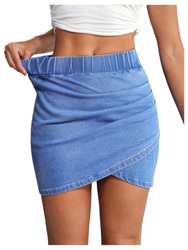 Verdusa Women's Ruched Wrap Denim Mini Skirt Stretchy Bodycon Jean Skirts