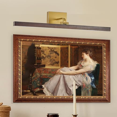 Image of Wood Picture Lights for Wall, Gold Hardwired 27.5 inch Long LED Wall Picture Vintage Artwork Paintings Display Lighting Wall Lamp Bathroom Vanity Light Dimmable 5CCT