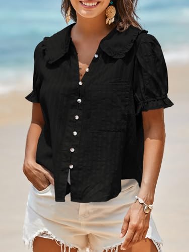 Image of Tankaneo Womens Puff Sleeve Shirts Peter Pan Collar Button Down Cotton Blouse Casual Summer Textured Tops