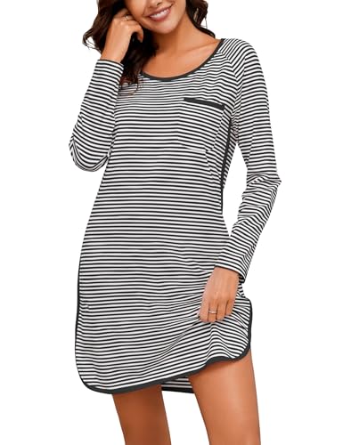 Chemise de nuit à manches longues en coton pour femme à rayures et col rond