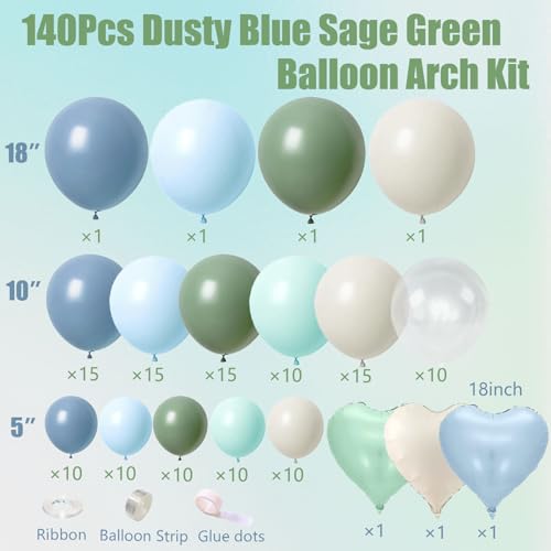 Image of Dusty Blue Sage Green Balloon Arch Kit, 140Pcs Fog Blue and Light Blue Green Sand White Balloons Different Size with Heart Foil Balloon for Baby Shower Bridal Anniversary Birthday Party Decorations