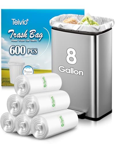 Image of Teivio Medium Clear Trash Bags 8 Gallon 600Count Kitchen Bulk Garbage Bags | Fit 25-30 Liters,6,7,8,9Gal,Small Plastic Waste Basket Bins Can Liners for Home Bathroom Office Car,Unscented