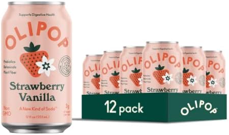 OLIPOP - Strawberry Vanilla Sparkling Tonic, Healthy Soda, Prebiotic Soft Drink, Aids Digestive Health, Contains Prebiotics & 9g of Plant Fiber, Caffeine Free, Low Calorie, Low Sugar (12 oz, 12-Pack)