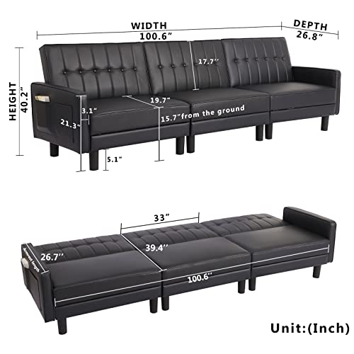 Ipkig 106.9" Futon Sofa Bed, Convertible Sleeper Sofa, 3-Seater Sofa Bed Couch, Faux Leather Split-Back Sofabed For Living Room Home Office Hotel With Adjustable Backrest And Side Pockets (Black) #TOP1