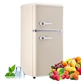 Bodare Mini Fridge with Freezer, 3.2 Cu.Ft Retro Double Door Refrigerator with 7 Level Thermostat, Adjustable Removable Glass Shelves for Bedroom Office Apartment Dorm Bar (CREAM, 3.2 Cu.Ft.)