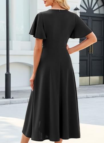 Image of QMZ Wedding Guest Dresses for Women V Neck Cocktail Dress Ruffle Sleeve A Line Evening Party Formal Dresses for Women