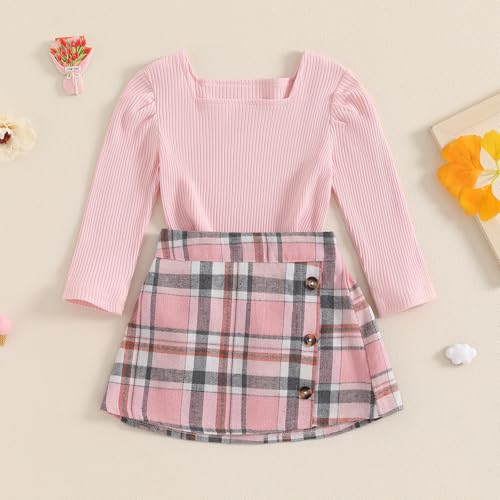 Image of BeQeuewll Fall Winter Toddler Baby Girl Clothes 2Pcs Long Sleeve Ribbed Knit Shirt Plaid Skirt 1T 2T 3T 4T 5T Girls Dress