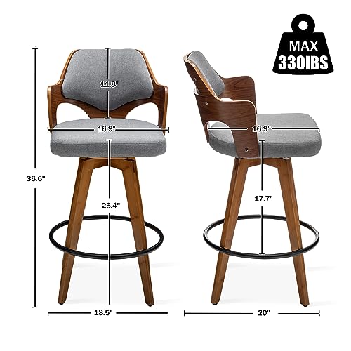 MEKLIBA Swivel Bar Stools Set of 2,Counter Height Bar Stools,Upholstered Bar Chair with Bamboo Legs,Low Back Counter Stools for Kitchen Island (Gray-Fabric)
