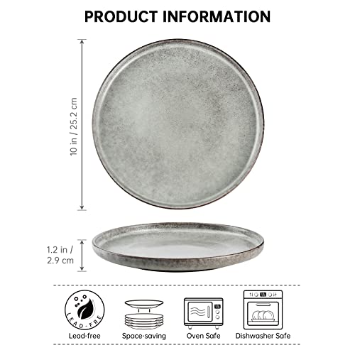 Henten Home Ceramic Dinner Plates, 10 Inch Large Porcelain Steak Plates Set Of 4, Fluted Round Pasta Plates For Kitchen, Salad Serving Stoneware Dishes, Reactive Glaze, Scratch Resistant (Grey) #TOP1