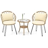 FANTASK 3TLG. Balkonmöbel Set, Rattan Balkonset inkl. inkl. 2 Stühle mit Kissen & Tisch, Bistroset für 2 Personen, Gartengarnitur für Garten, Terrasse