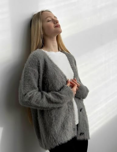 Image of COZYPOIN Womens Fuzzy Cardigan Sweater V Neck Button Down Soft Knit Coat | Loose, Comfy, Slouchy Drop Shoulder, Long Sleeve Fluffy Mohair, Warm, For Daily Work Holiday, Spring Fall Winter Fashion