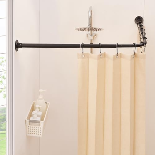 Mirooyu L Shaped Shower Curtain Rod [24-47.6] x [24-47.6] Dual-Slide Corner 90 Degree Shower Rod for Bathroom Bathtub & Outdoor with 12 Hooks & Ceiling Support - Matte Black