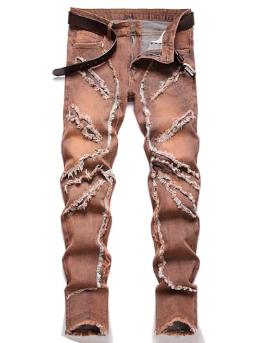NOVOCCT Men’s Skinny Stretch Jeans, Slim Fit Distressed Ripped Pants Fashion Skinny Jeans for Men (Stacked Wine Red 3-336-1, 32)
