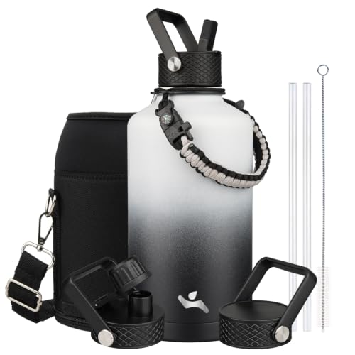 Image of Konokyo Insulated Water Bottle with Straw,87 oz 3 Lids Water Jug with Carrying Bag,Paracord Handle,Double Wall Vacuum Stainless Steel Metal Flask,Day Night