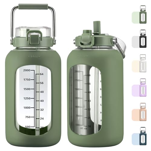 MUKOKO 84oz Glass Water Bottle with Time Marker and Silicone Sleeve 2.5L Water Jug with Stainless Steel Handle Gallon Drinking Bottle with 2-in-1 Lid Wide Mouth BPA Free Olive