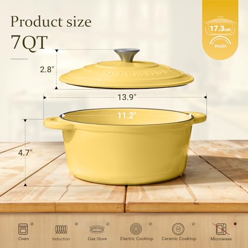 Image of Overmont Enameled Cast Iron Dutch Oven - 7QT Pot with Lid Cookbook & Cotton Potholders - Heavy-Duty Cookware for Braising, Stews, Roasting, Bread Baking GooseYellow