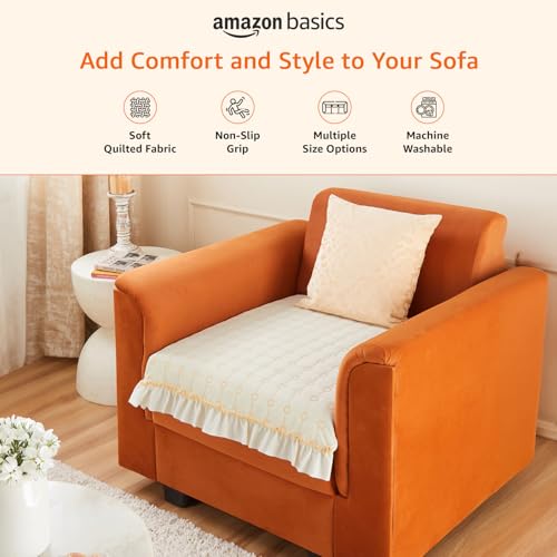 Image of Amazon Basics Quilted Sofa Cover for Single Seater, Modern Grid Pattern, Non-Slip Sofa Pad, 70x70 cm, Soft Silicone Grip Dots, 100% Polyester, Machine Washable - Off-White