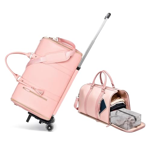 BSAKG 3 in 1 Convertible Garment Duffle Bags for Travel 45L Smooth Zipper Rolling Duffle Bag With Wheels Waterproof Carry On Duffle Bag for Men&Women with Weekends Weddings Business Short Trips Pink