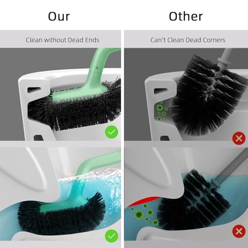 Image of HAMITOR Toilet Bowl Brush Holder Set: Bathroom Deep Cleaning Toilet Cleaner Scrubber Under Rim with Curved Bristle for Dead Corner Clean - Hidden Rv Toilet Decorative Accessories with Caddy- Green