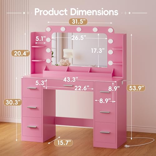 Image of Furmax Vanity Desk with Hollywood Style Mirror with LED Lights, Makeup Table Vanity with 2 AC Outlets and1 USB＆1 Type-C Port, Adjustable Lighting, Modern Ample Storage Drawers Dressing Table (Pink)