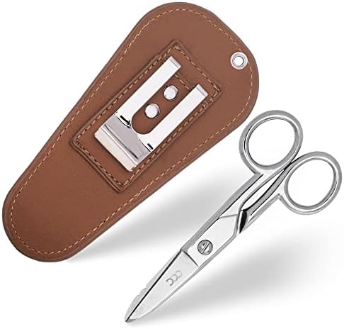 Multi Purpose Electrician Scissors With Leather Carrying Pouch - Heavy Duty Stainless Steel Electrical Shears With Stripping Notches, File & Scraper - Our Snips Are For Right & Left Handed Use – Brown