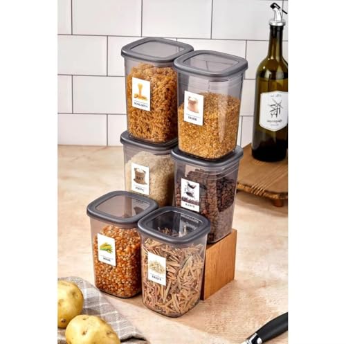 Image of ALCY Airtight Food Storage Containers Set, 6 Pieces, Grey Lids, Clear Canisters for Pasta, Rice, Coffee, Nuts