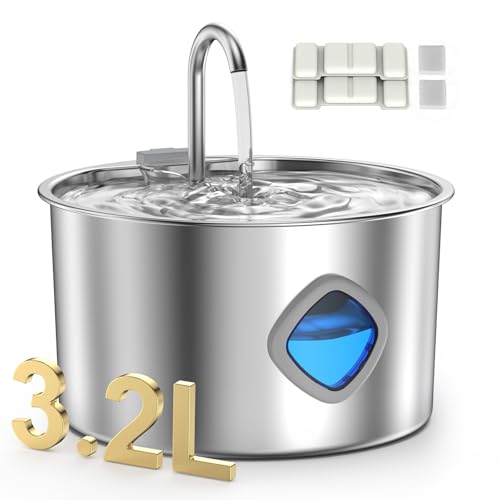 Image of Cat Water Fountain Stainless Steel - 108oz /3.2L Pet Gift Dog Water Dispenser Automatic Silent Cats Dispenser for Drinking Indoor Metal Kitty Spout Fountains (Cat Fountains 2 Filters + 2 Sponges)