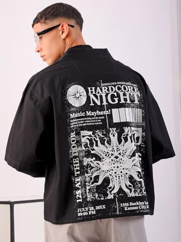 Image of The Indian Garage Co Men Boxy Fit Graphic Print Half Sleeves Cuban Collar Street Wear Cropped Shirt