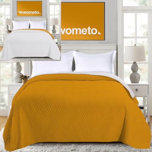 wometo Couvre-lit 220 x 240 cm - Certifié Oeko-Tex - Housse en microfibre jaune gris clair matelassé - Design réversible - XXL