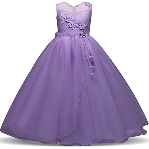 Beauty Pageant Dresses for Girls Sleeveless Size 10 Floor Length Party Wedding Graduation Prom Bridesmaid Ruffles Dresses for Girls 12-14 Tutu Tulle Ball Gown Teen Girl Royal Age of 11 (Purple 150)