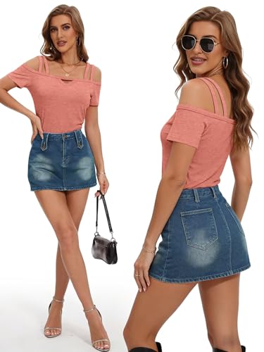Image of Bliwov Womens Cold Shoulder Tops Short Sleeve Cute Sexy Summer Spring Beach Vacation T Shirts Fashion Outfits Basic Clothes