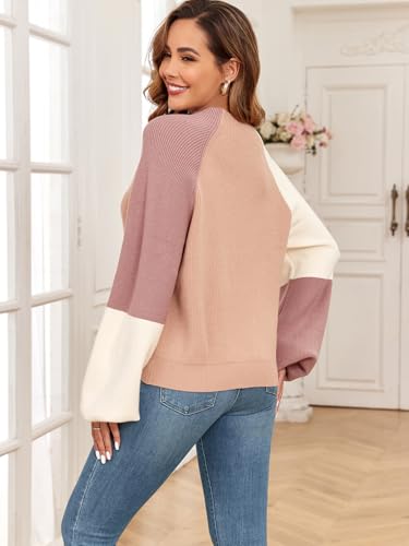Image of Upopby Women's Fall Winter Color Block Sweaters for Women Trendy Turtleneck Lantern Sleeve Knitted Sweater Jumper Tops