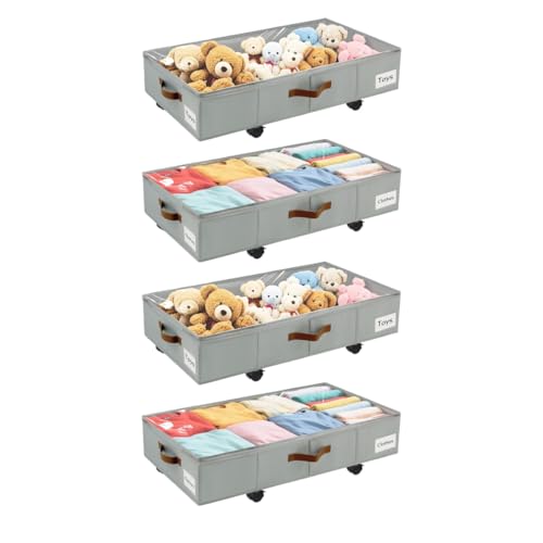 Image of Under Bed Storage with Wheels,Underbed Storage with Sturdy Sidewalls /Bottom, Clear Cover, Label and PU Handle, Rolling Under Bed Drawers for Clothes, Shoes, 6.5 Inch Height,Grey, 4 Pack