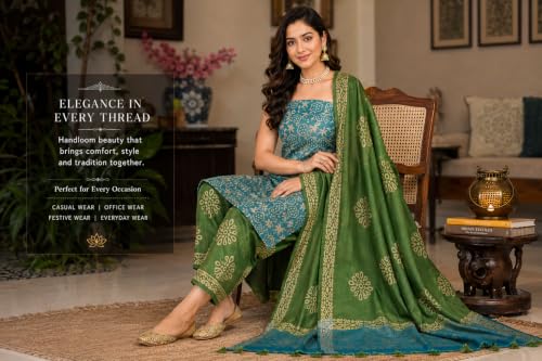 Image of HAIDER ALI AND SONS Women's Cotton Silk Batik Print Unstitched Dress Material with Dupatta | Handloom Salwar Suit Material | Kurta Fabric, Bottom & Dupatta Set | Ethnic Wear for Office