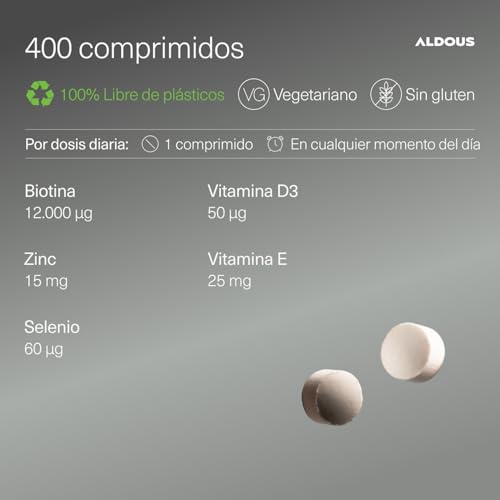 Biotina + Zinc + Selenio - 400 comprimidos 12.000 mcg (Suministro para 1+ año) - Vitaminas para el cabello - Biotina para el cabello, fortalece la piel y las uñas - Con Vitamina D3 y E - Sin aditivos - imagen 3