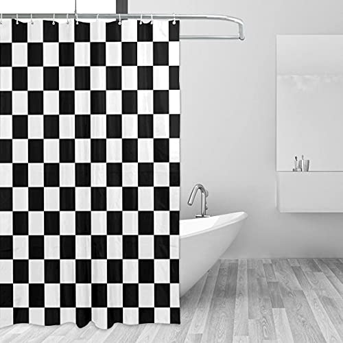 Baifumen Black White Race Checkered Flag 72" W X 72" H Shower Curtain With 12 Hooks Watercolor Decorative Bath Curtain Bathroom Plastic Shower Curtains #TOP1