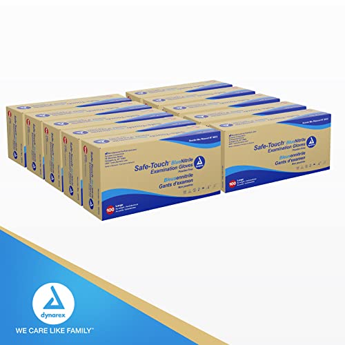 Dynarex Safe-Touch Disposable Nitrile Exam Gloves, Powder-Free, Latex-Free, Touchscreen Friendly & Used By Professionals, Blue, Large, 1 Case - 10 Box Of 100 Safe-Touch Disposable Nitrile Exam Gloves #TOP5