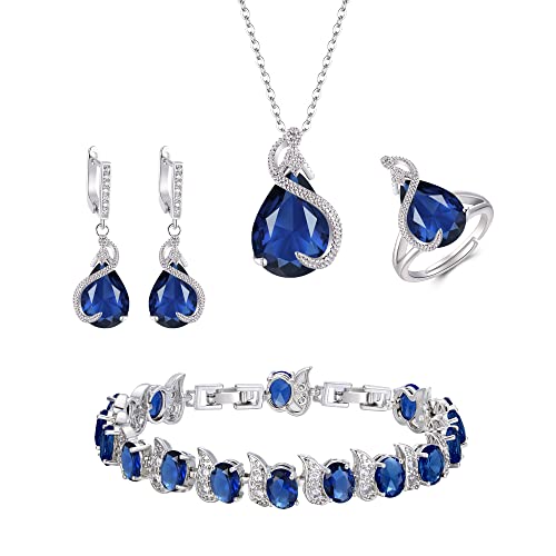 EVER FAITH Juegos de Joyas Mujer Circonita Cúbica en Forma de Lágrima para Novia, Glamour Colgante Collar Pendientes Tenis Pulsera Abierto Anillo Conjunto para Mujeres Fiesta Azul Tono Plateado
