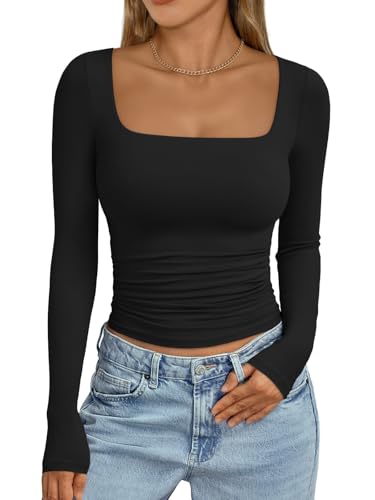 Trendy Queen Womens Long Sleeve Shirts Crop Tops Basic Square Neck Going Out Fall Fashion 2025 Fitted Clothes Workout Outfits