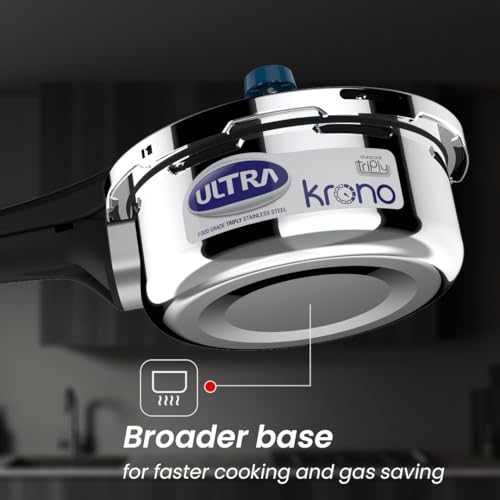 Image of Ultra Triply Krono Pressure Cooker 1.5 Litre | Whistle Counter | Spillage Control | AISI 304 Food Grade Stainless Steel Cooker | 5 Years Warranty, Injection Moulded Handles & Induction Compatible
