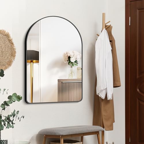 Image of FORBATH Arched Bathroom Mirror 26x38 Inch, Bathroom Mirror Wall Mounted Modern Black Aluminum Alloy Frame Decor Dresser Mirror for Bedroom Living Room Entryway, Hanging or Leaning Against Wall