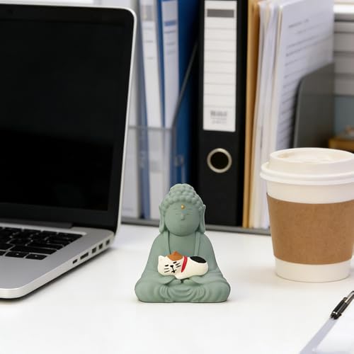 Estatua Mini Buda Sonriente con Gato para Decoración miniatura 2