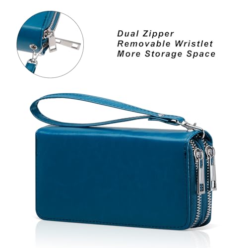 Image of Double Zipper Wallet for Woman Clutch Purse with Cell Phone Holder for Smartphone /Card /Coin /Cash, Blue