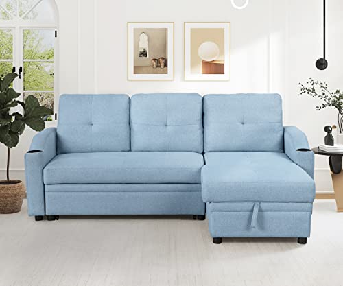 Biadnbz Modern Sectional Sleeper With Pull Out Sofa-Bed, Storage Chaise And Cup Holder, Linen Fabric L Shaped 3 Seater Couch For Living Room, Apartment, Blue #TOP29