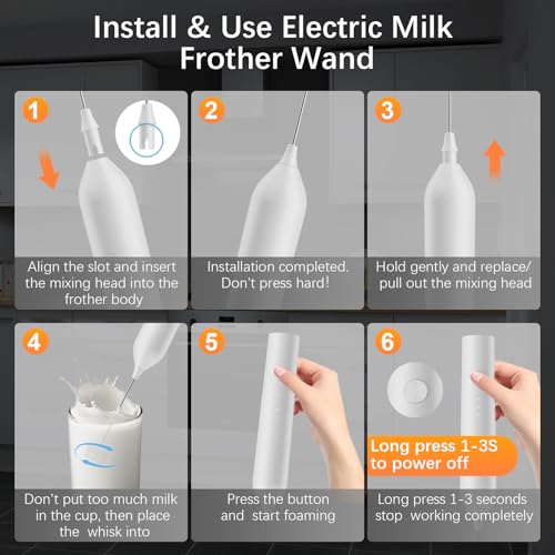 Image of Rechargeable Milk Frother with Stand, Electric Frother Wand Handheld Coffee Foam Maker Detachable Stainless Steel Whisk Drink Mixer Foamer for Latte, Cappuccino, Hot Chocolate, Egg (White)